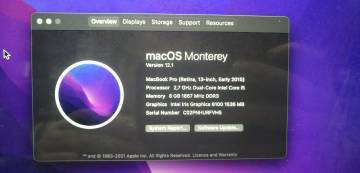 01-200125364: Apple macbook pro a1502 13,3&#34; core i5 2,7ghz/ram8gb/ssd256gb/intel iris graphics 6100
